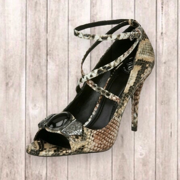 Bcbgeneration Trilogy Peep Toe Pumps Natural Snakeskin Pattern Strappy Heels 7 - Picture 1 of 16